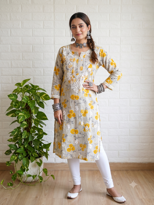 Mulmul Printed Kurti- Yellow 2