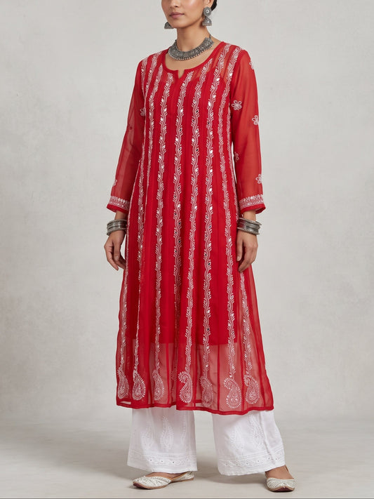 Red - Georgette Mirror Anarkali