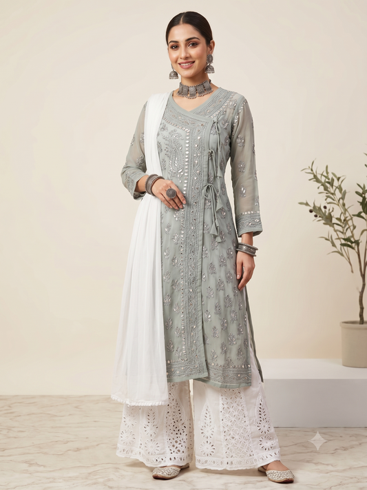 Georgette Gota Work Kurti Angrakha - Grey