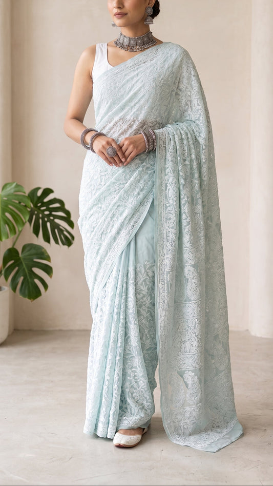 Light Blue - Full Jaal Saree