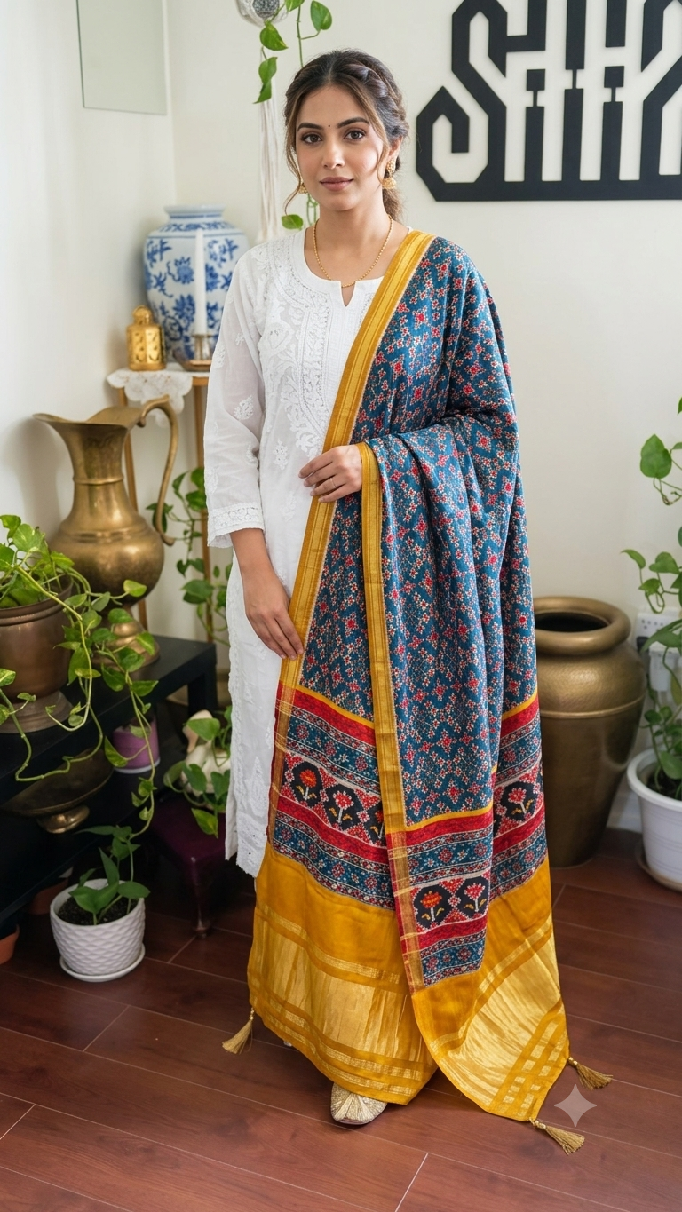 Patan Patpola Silk Dupatta Blue