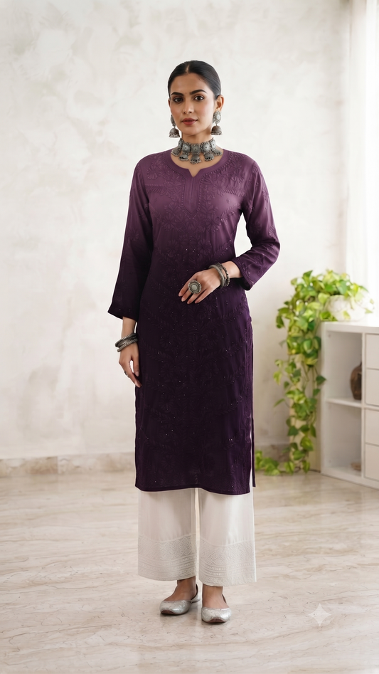 Wine Ombre - Premium Viscose Kurti with Mukaish