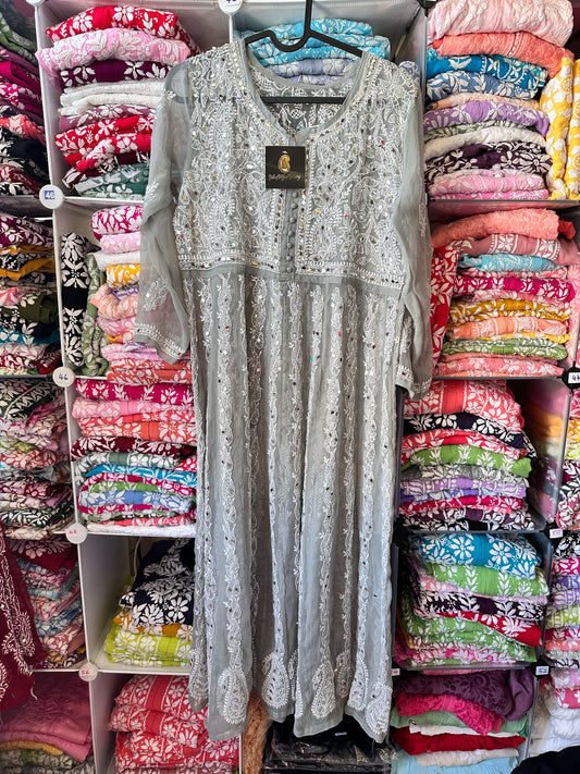 Grey - Yoke Style Georgette Mirror Anarkali