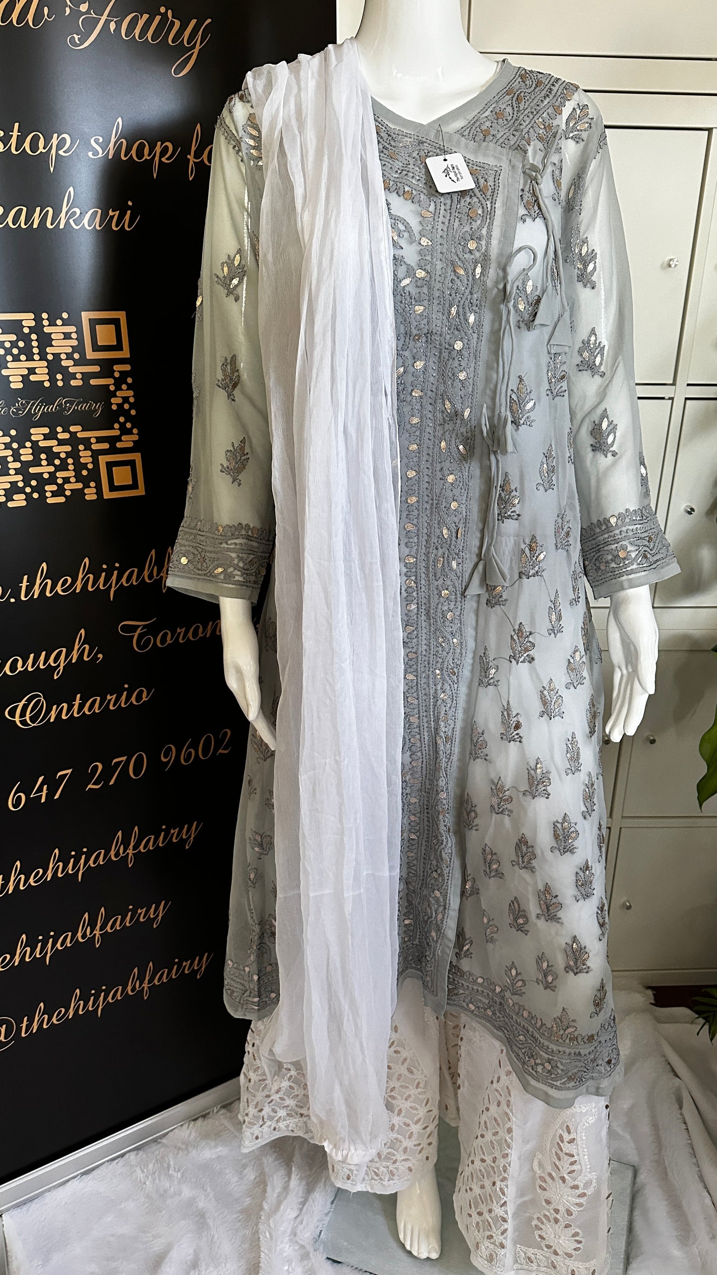 Georgette Gota Work Kurti Angrakha - Grey