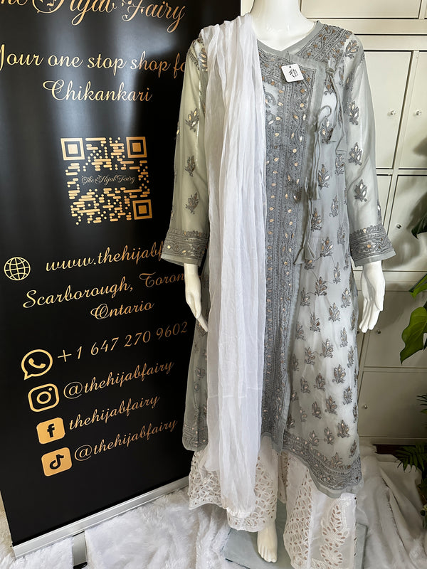 Georgette Gota Work Kurti Angrakha - Grey