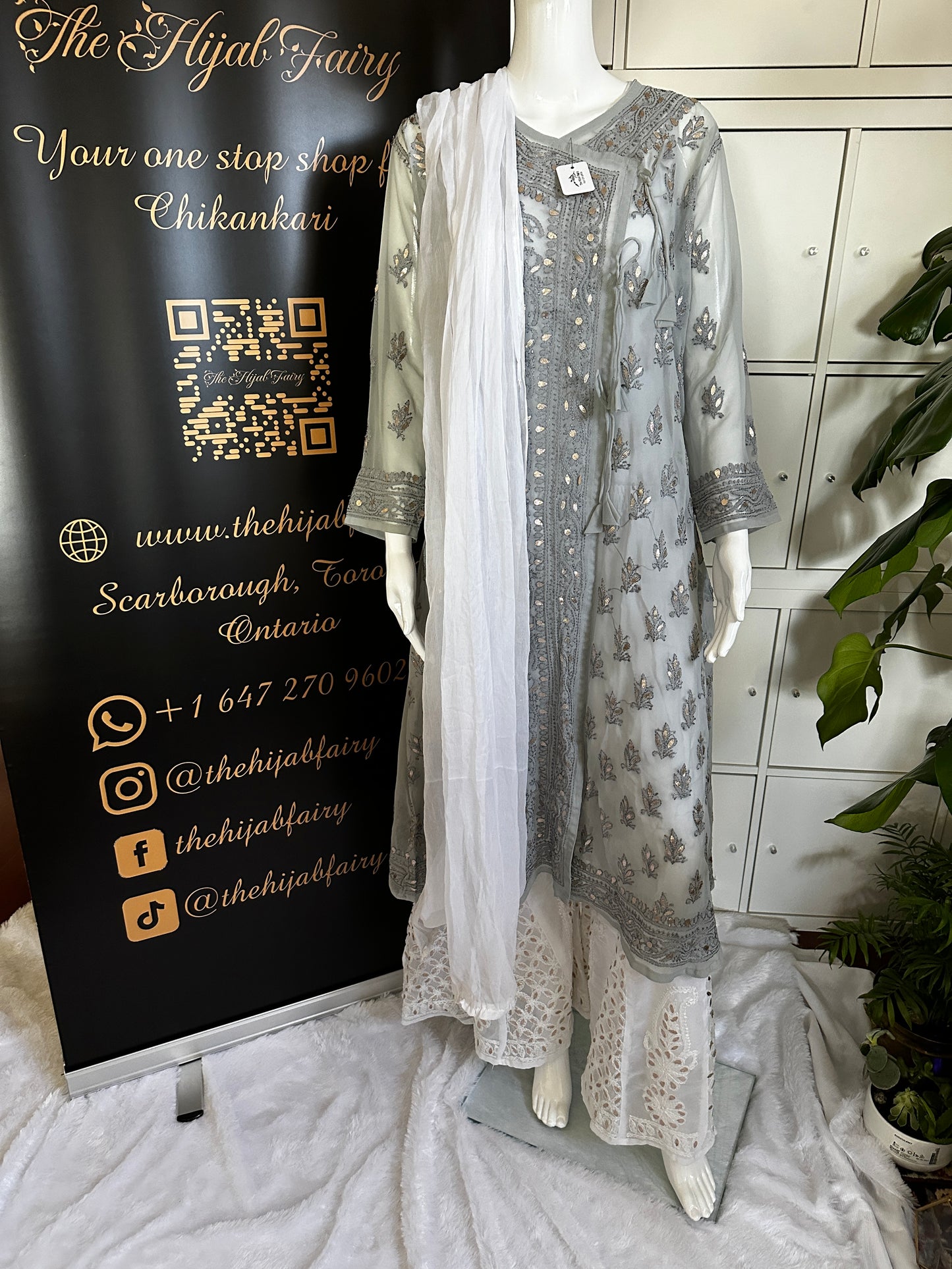 Georgette Gota Work Kurti Angrakha - Grey