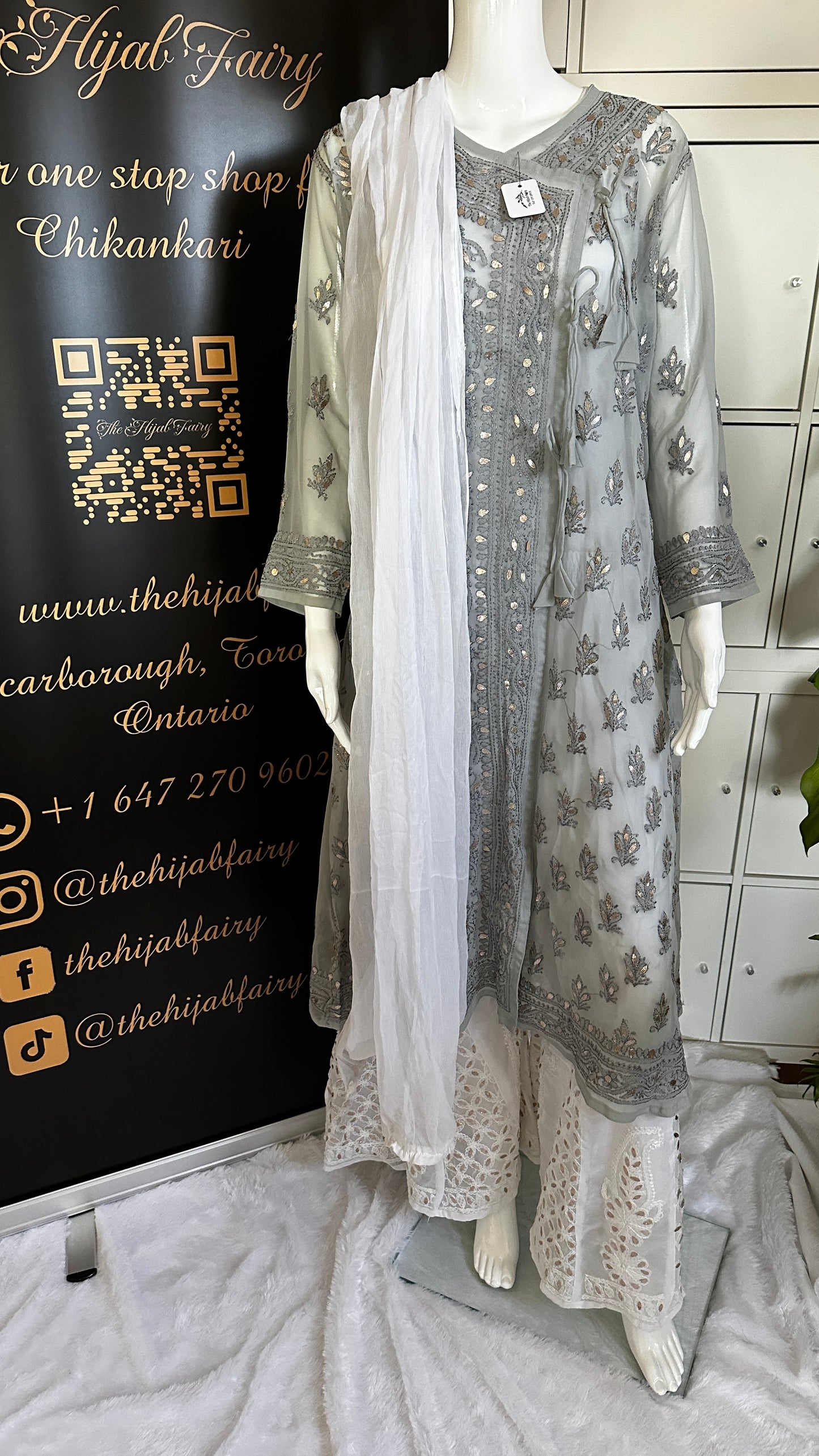 Georgette Gota Work Kurti Angrakha - Grey