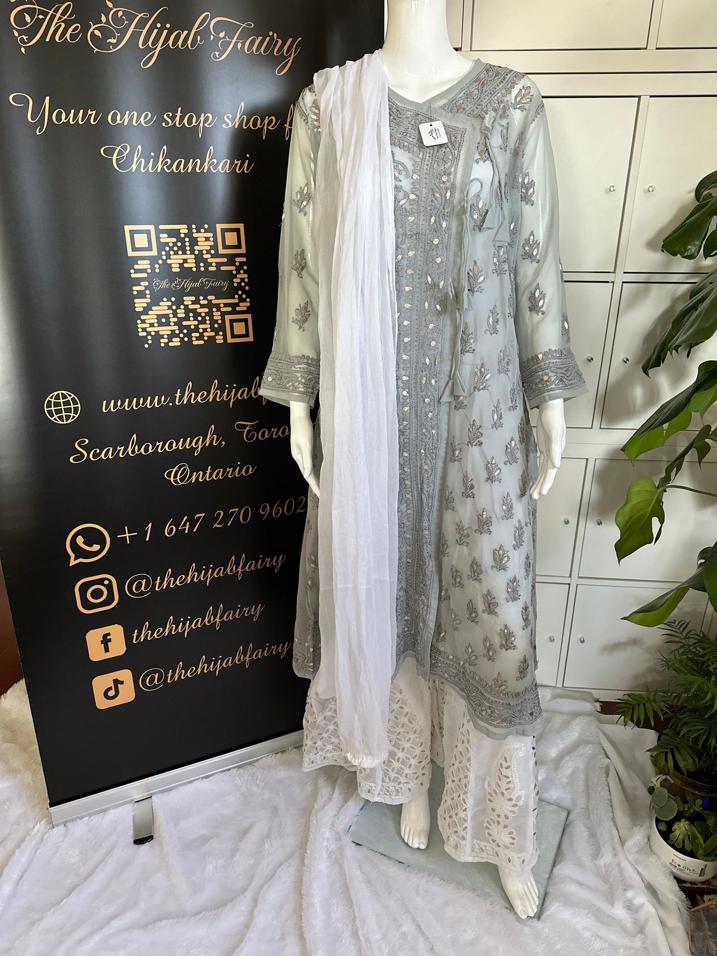 Georgette Gota Work Kurti Angrakha - Grey