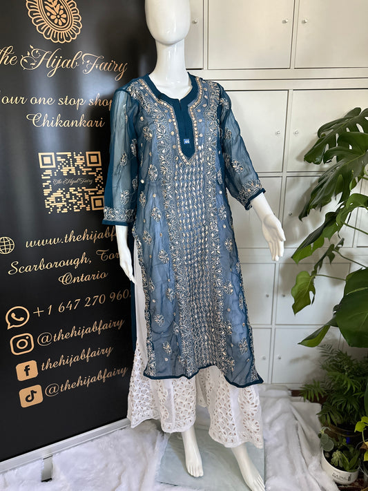 Georgette Gota Work Kurti - Aegean Blue