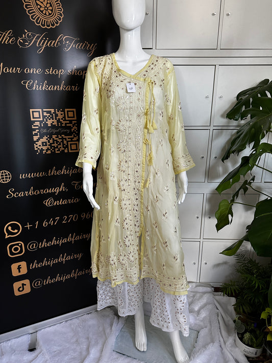 Georgette Gota Work Kurti Angrakha- Yellow