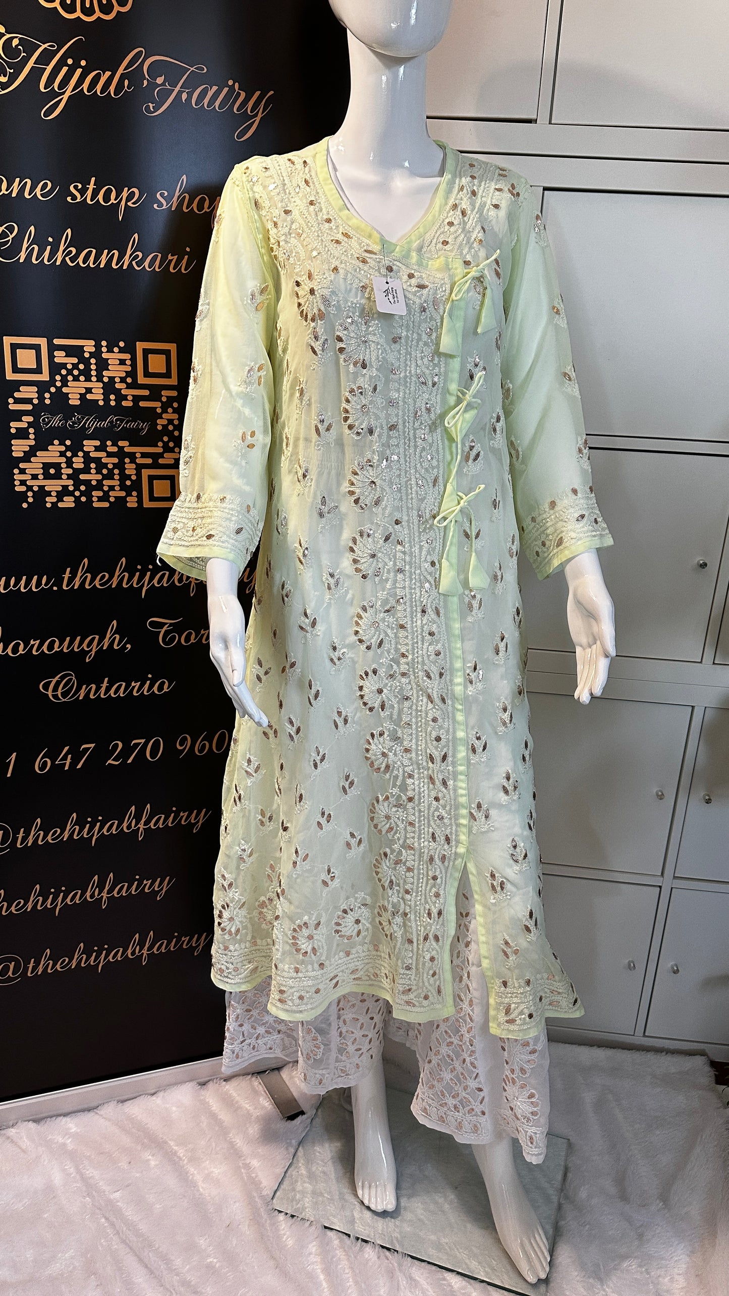 Georgette Gota Work Kurti Angrakha- Light Yellow