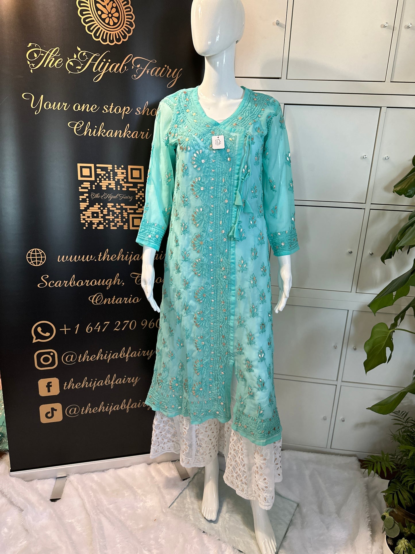 Georgette Gota Work Kurti Angrakha- Firozi