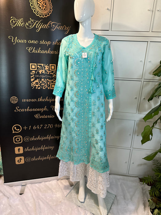 Georgette Gota Work Kurti Angrakha- Firozi