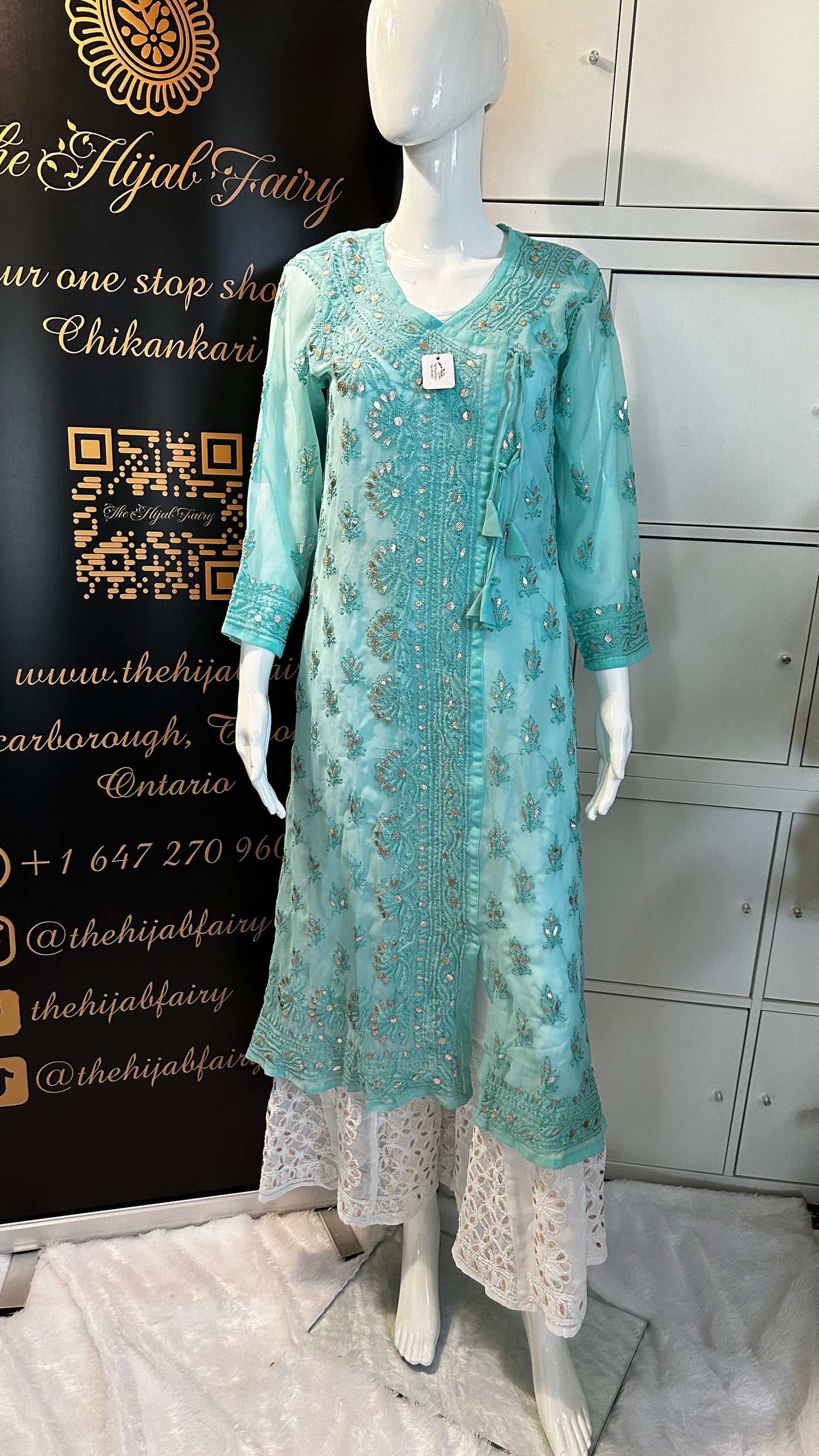 Georgette Gota Work Kurti Angrakha- Firozi