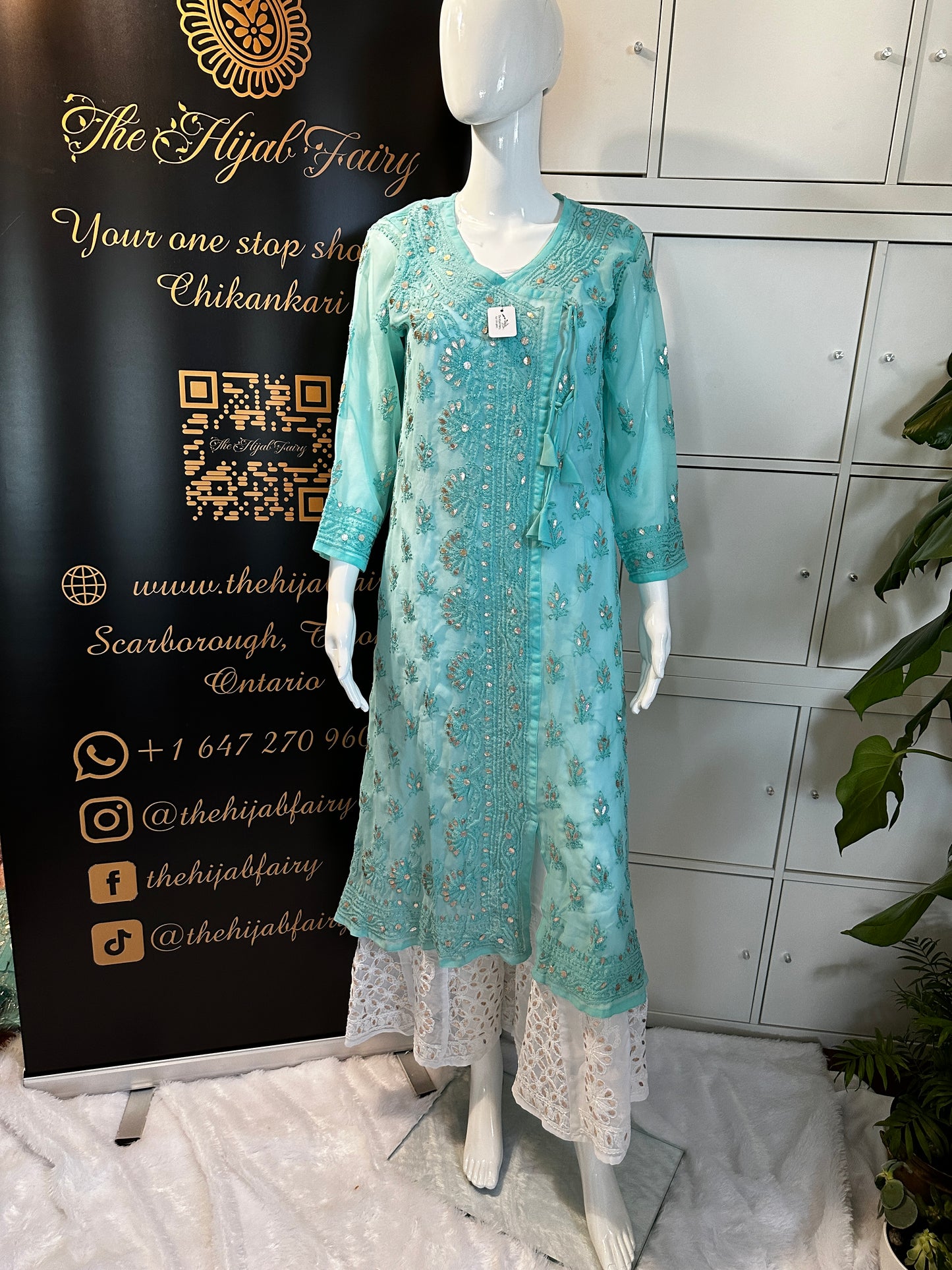 Georgette Gota Work Kurti Angrakha- Firozi