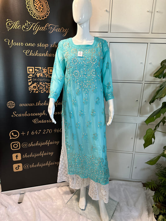 Georgette Gota Work Kurti Premium - Firozi Blue