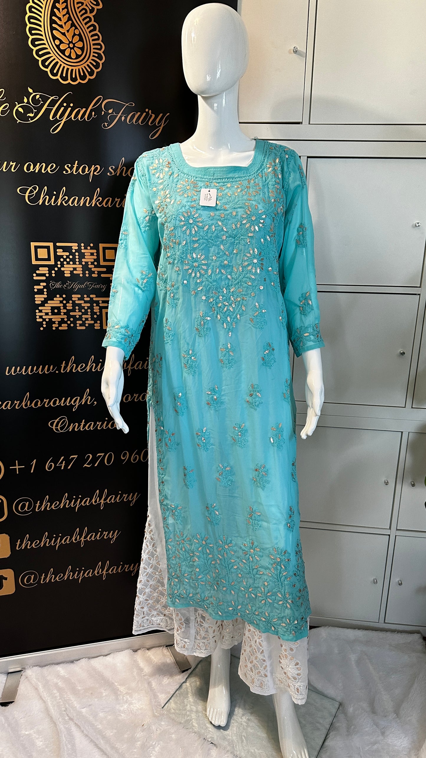 Georgette Gota Work Kurti Premium - Firozi Blue