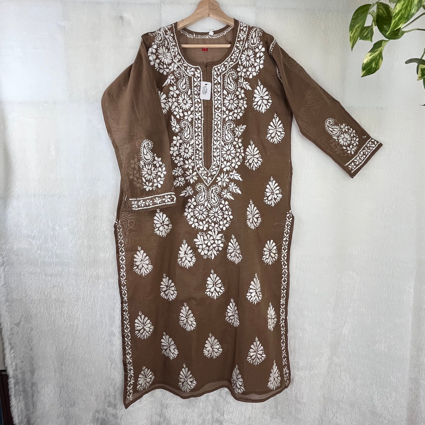 Chanderi Soie Chikankari Kurti - Marron Café