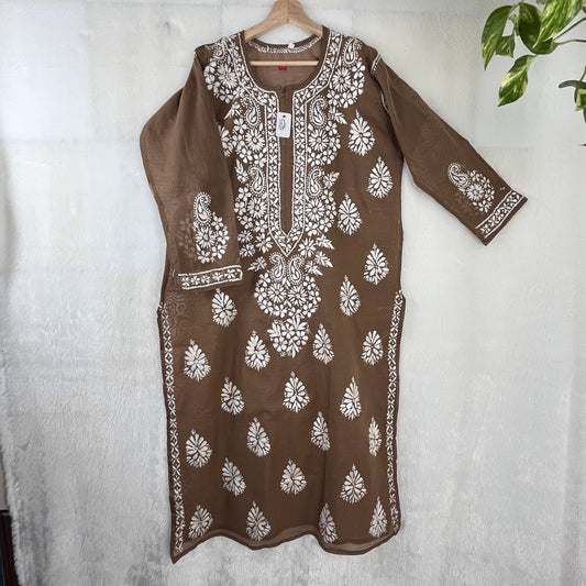 Chanderi Silk Chikankari Kurti - Coffee Brown