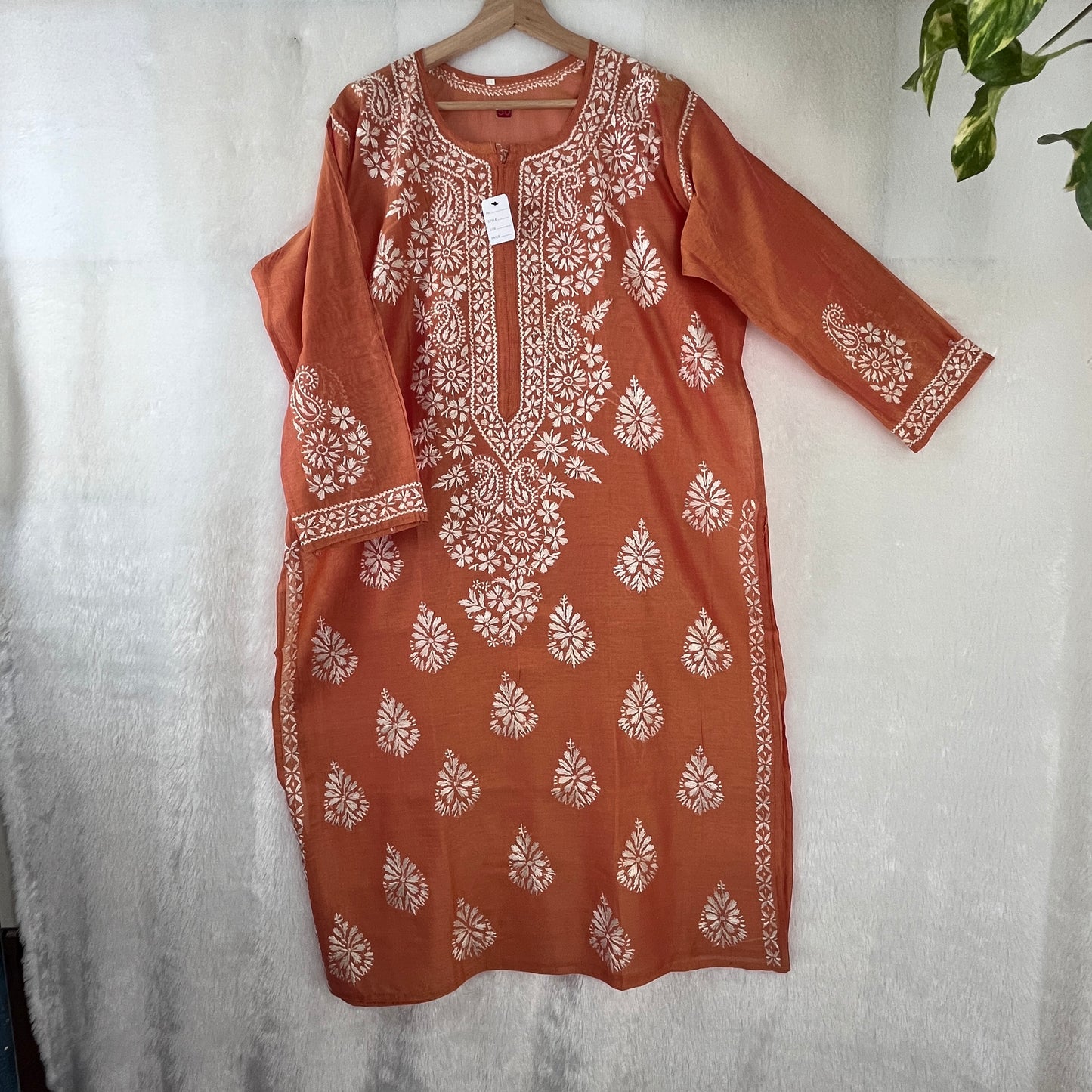 Chanderi Silk Chikankari Kurti - Salmon Pink