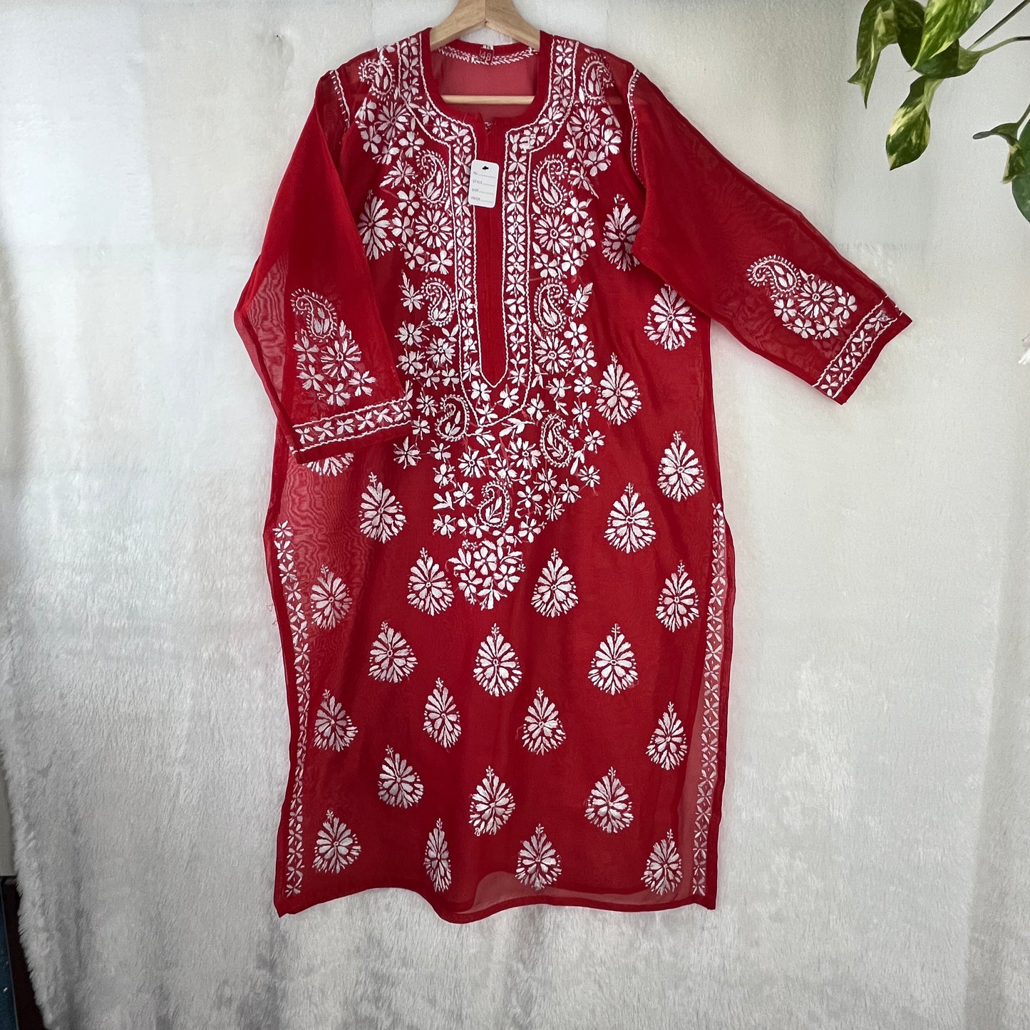 Chanderi Silk Chikankari Kurti - Red