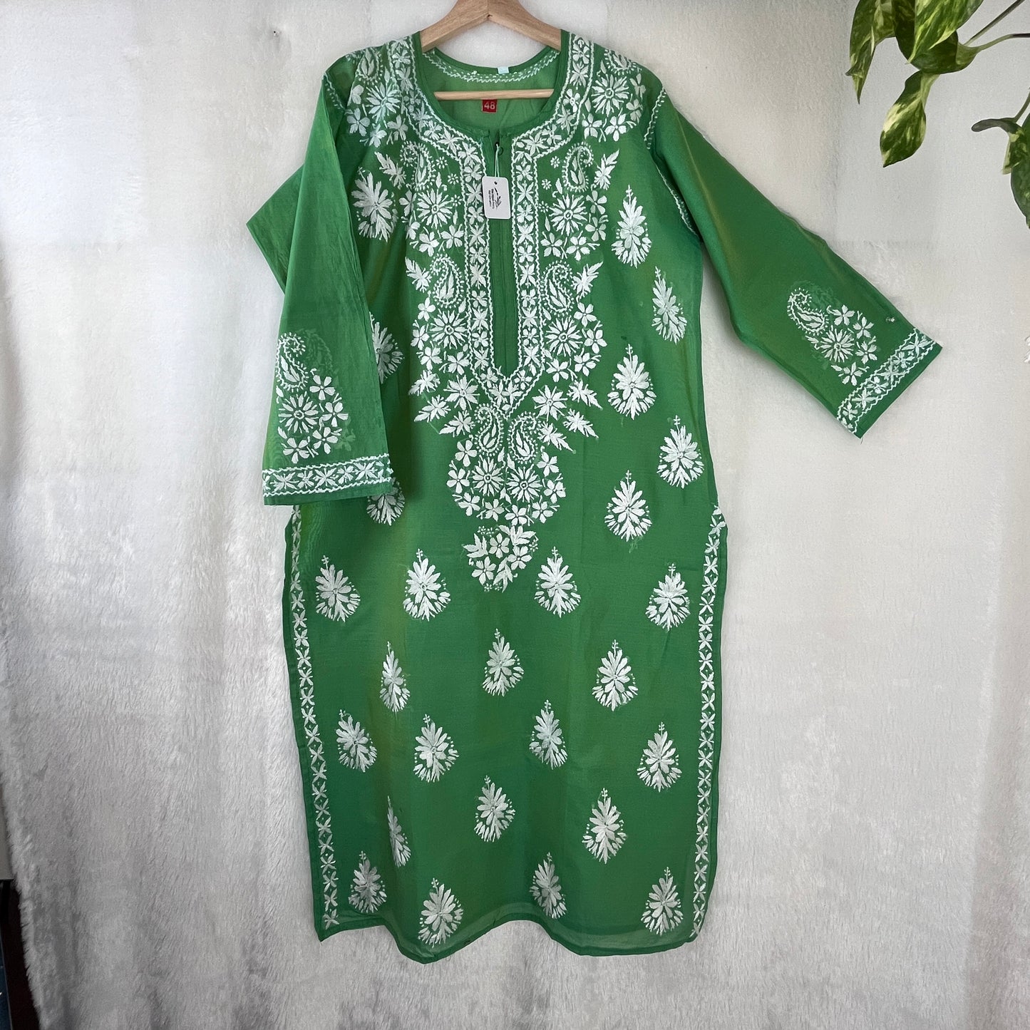 Chanderi Silk Chikankari Kurti - Grass Green