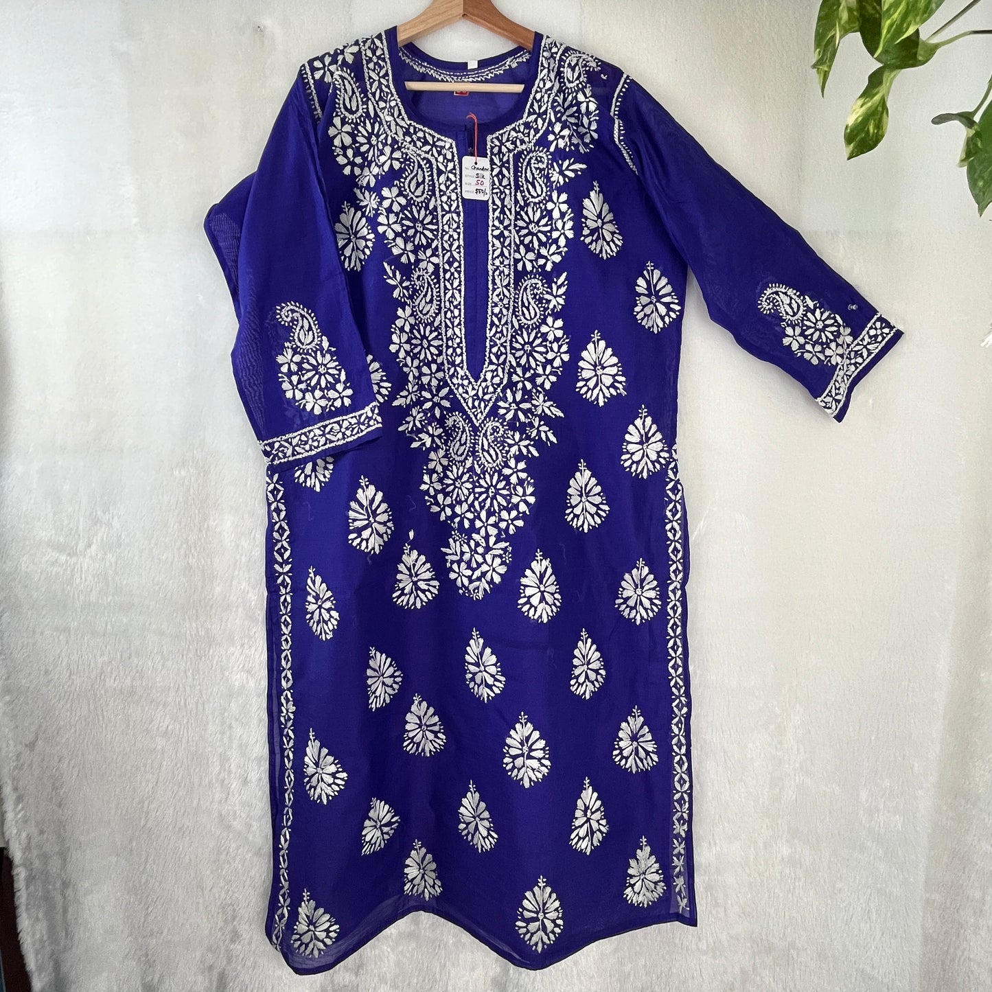 Chanderi Soie Chikankari Kurti - Bleu Royal