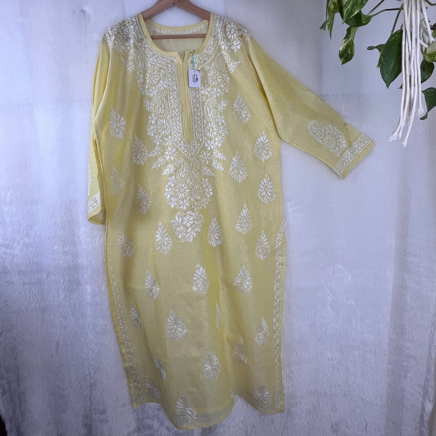 Chanderi Silk Chikankari Kurti - Lemon Yellow