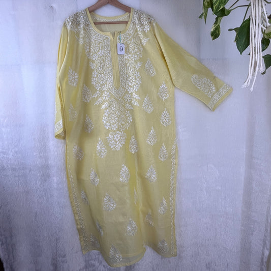 Chanderi Soie Chikankari Kurti - Jaune Citron