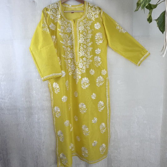 Chanderi Silk Chikankari Kurti - Yellow - The Hijab Fairy