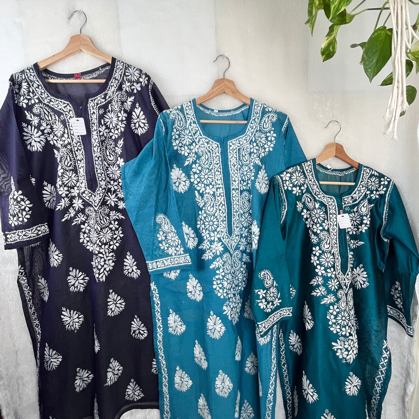 Chanderi Silk Chikankari Kurti - Tuquoise