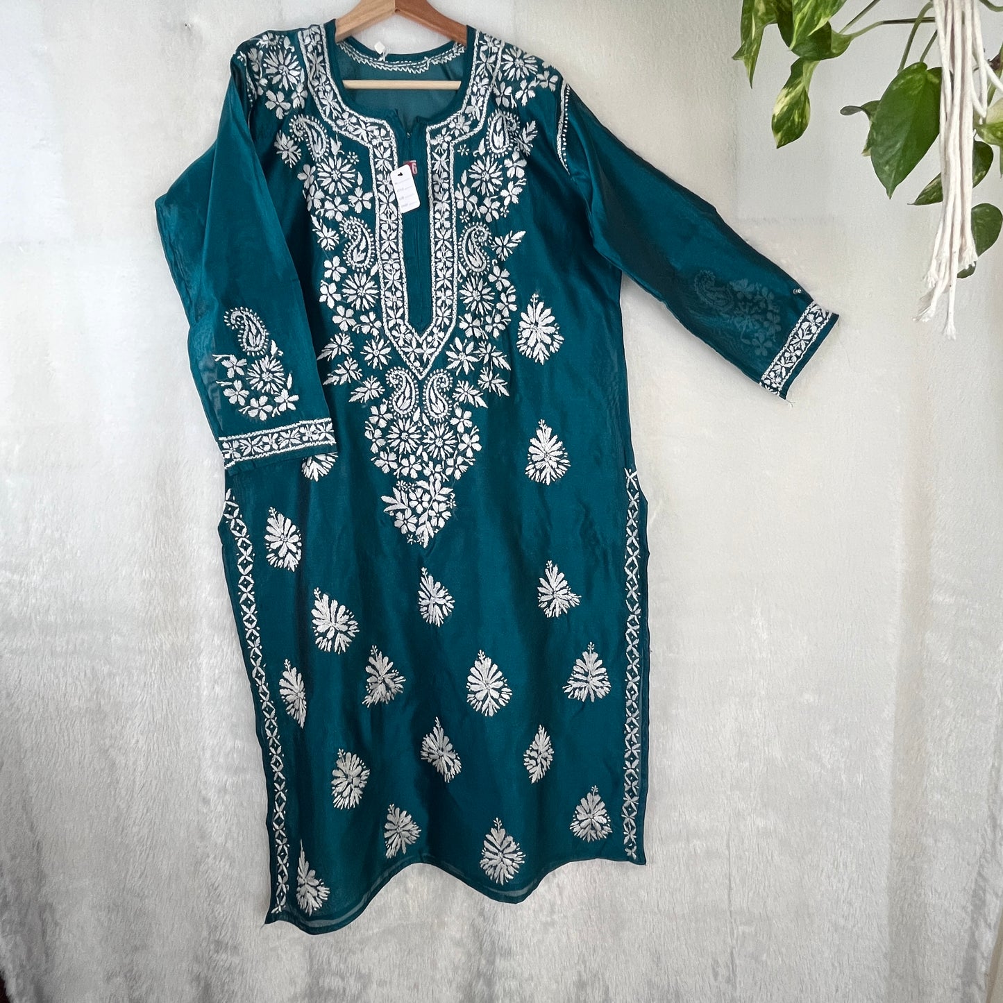 Chanderi Soie Chikankari Kurti - Tuquoise