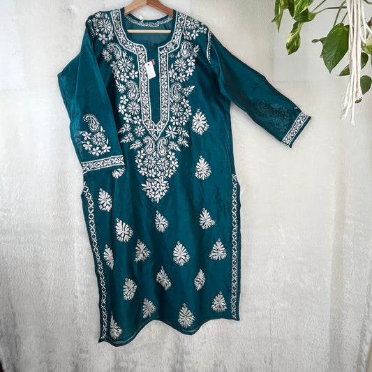 Chanderi Silk Chikankari Kurti - Tuquoise