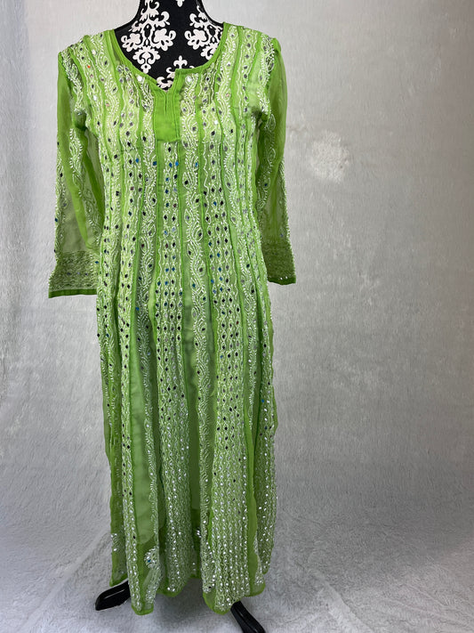 Green - Georgette Mirror Jaal Work Anarkali