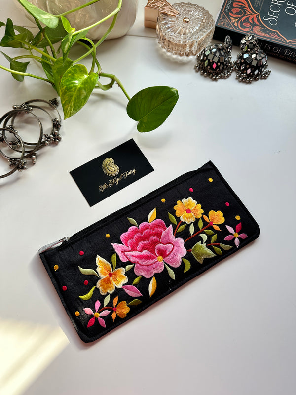 Parsi Gara Embroidered Wallet - Black & Pink
