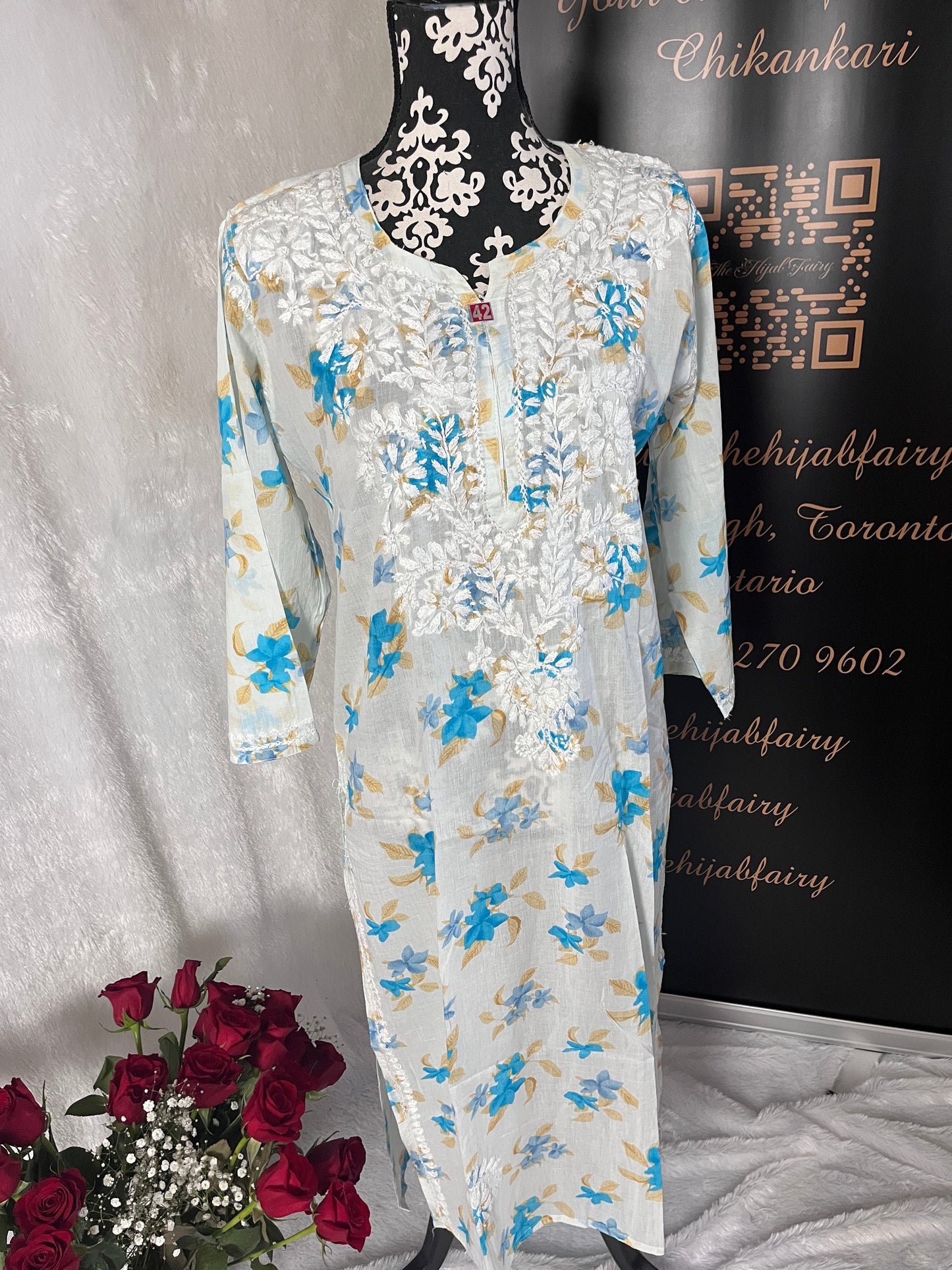 Blue - Mulmul Printed Kurti - Style 3