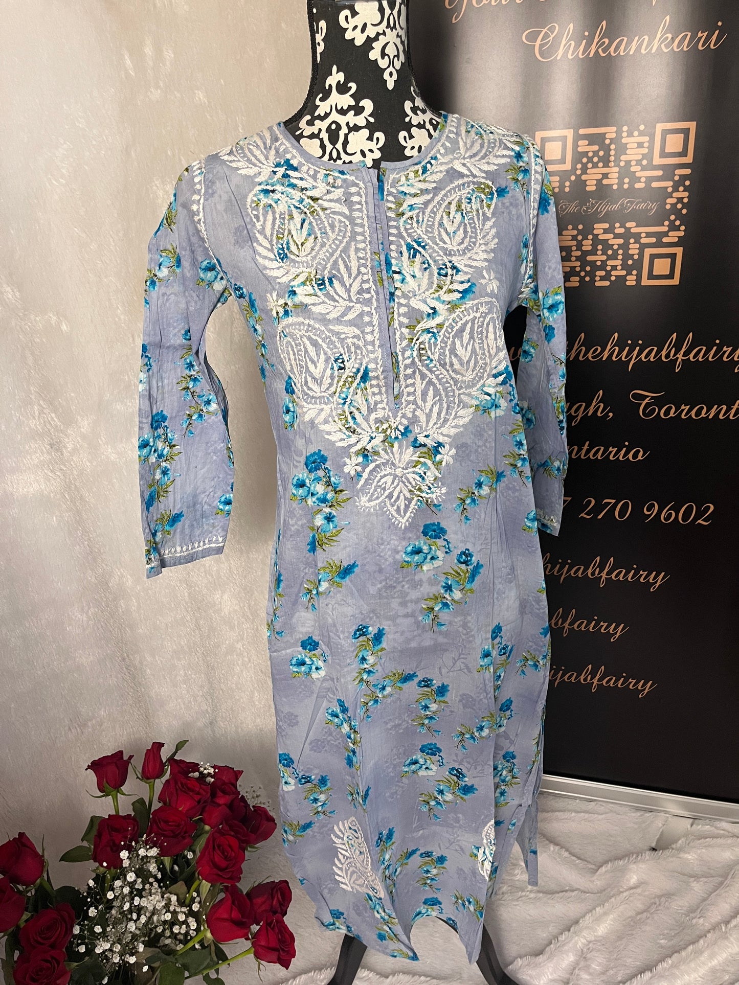 Blue - Mulmul Printed Kurti - Style 1