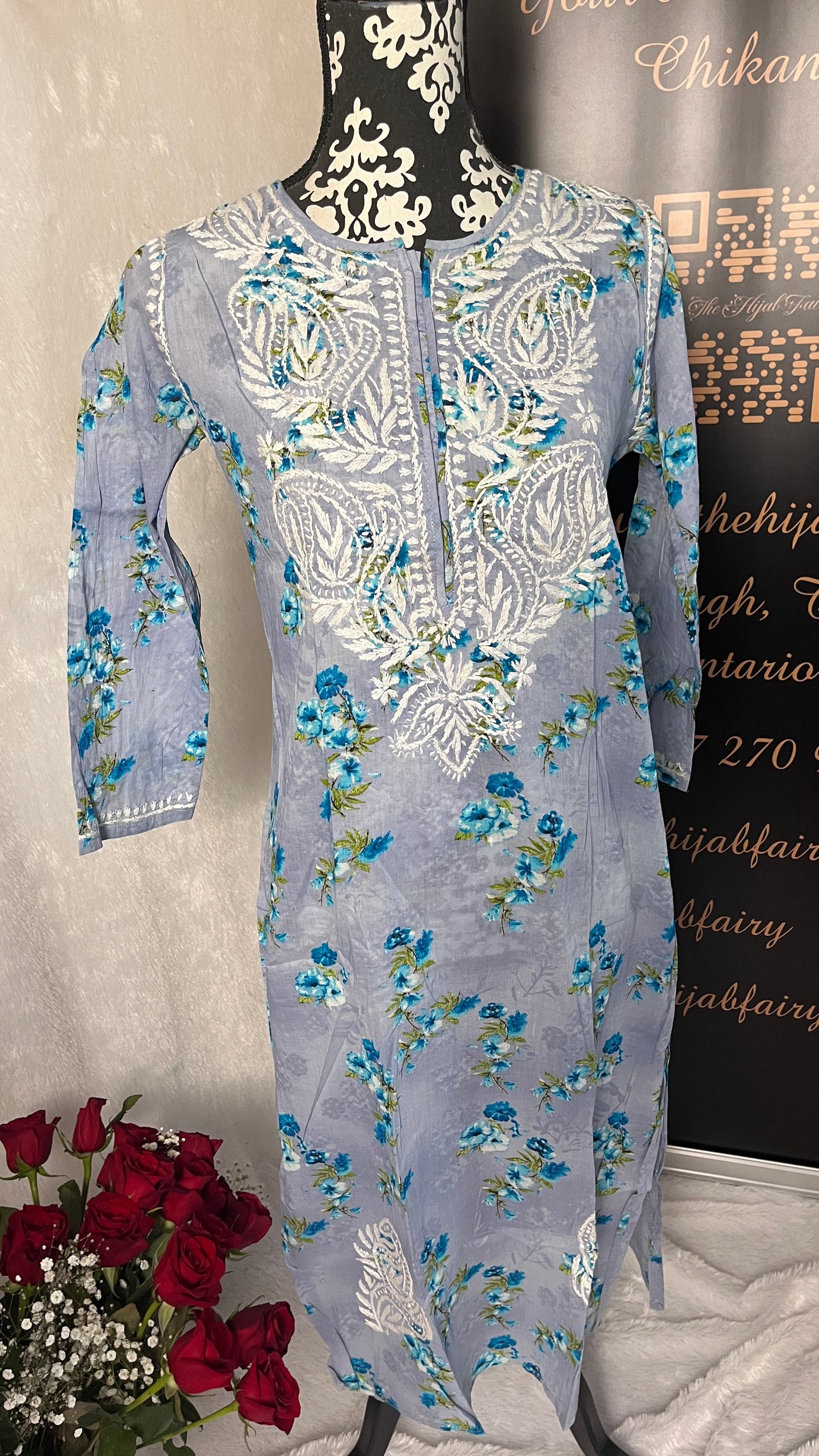 Blue - Mulmul Printed Kurti - Style 1