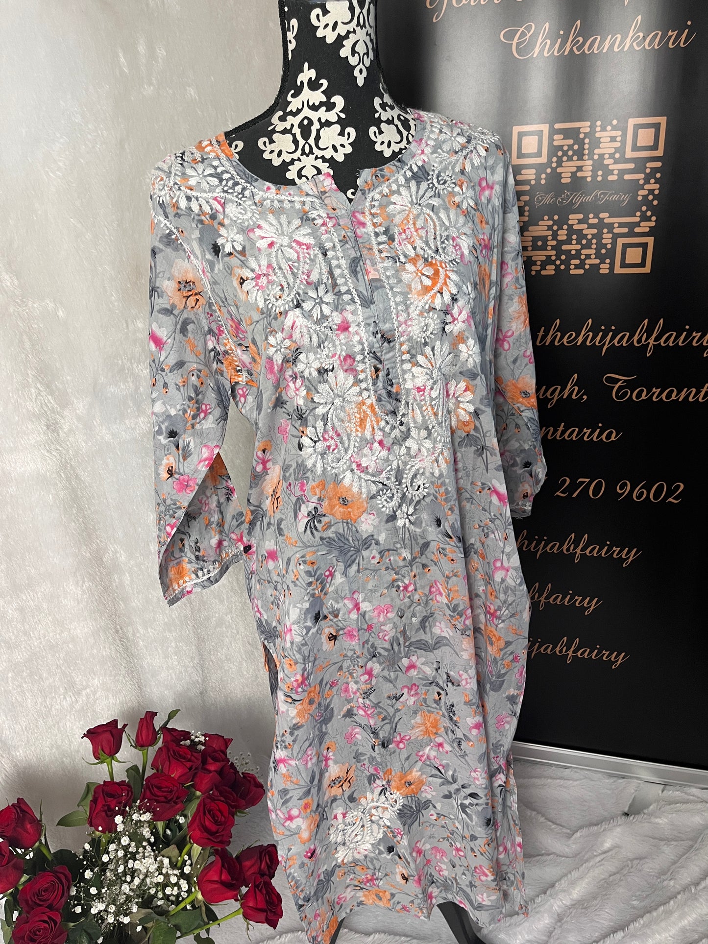 Grey - Mul Printed Kurti - Style 3