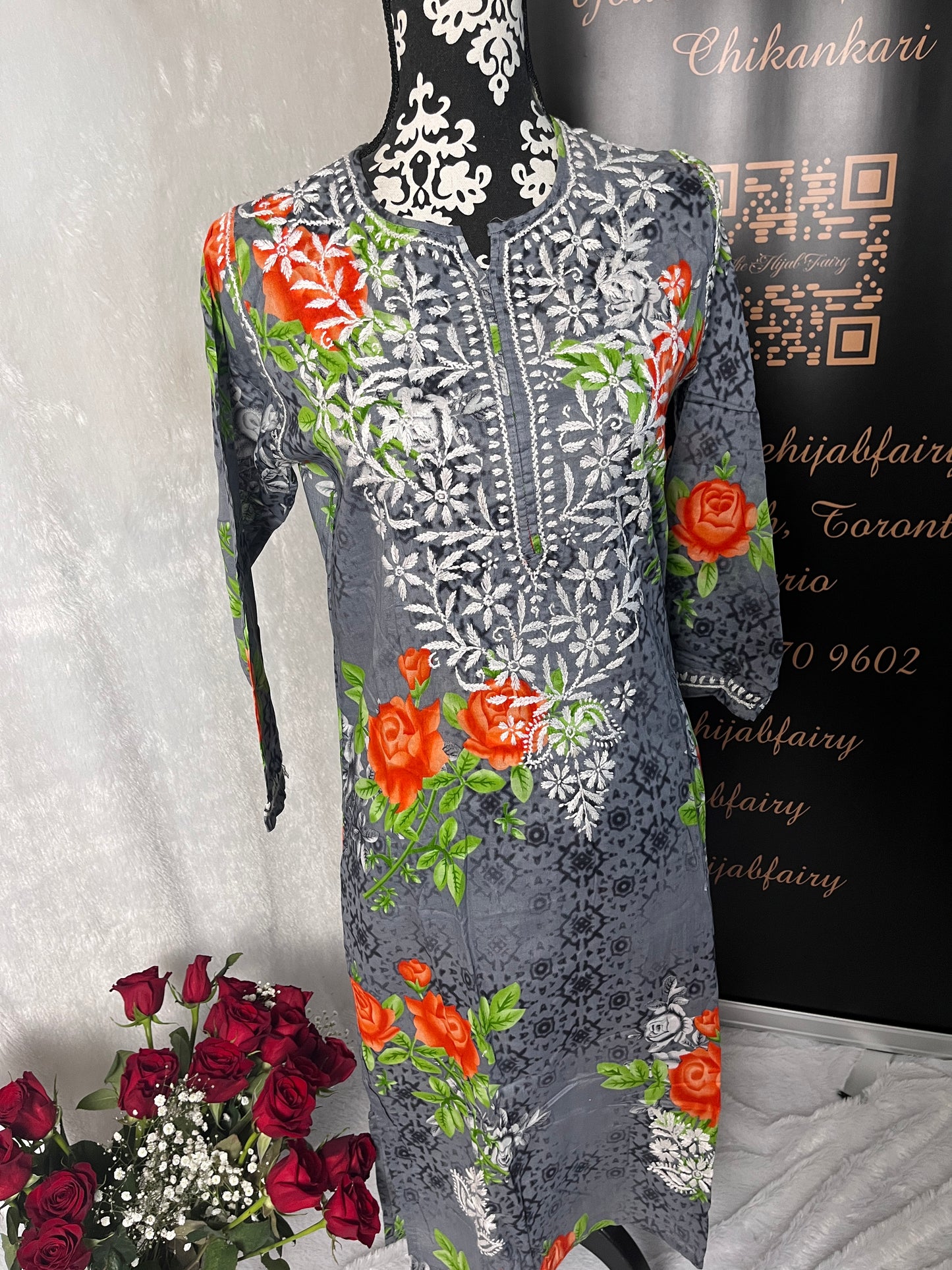 Grey - Mul Printed Kurti - Style 2