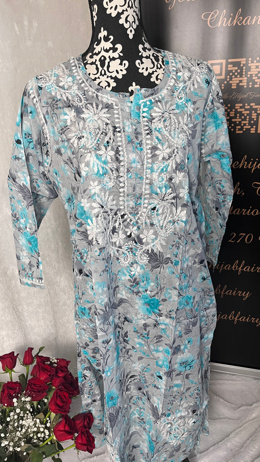 Grey - Mul Printed Kurti - Style 4