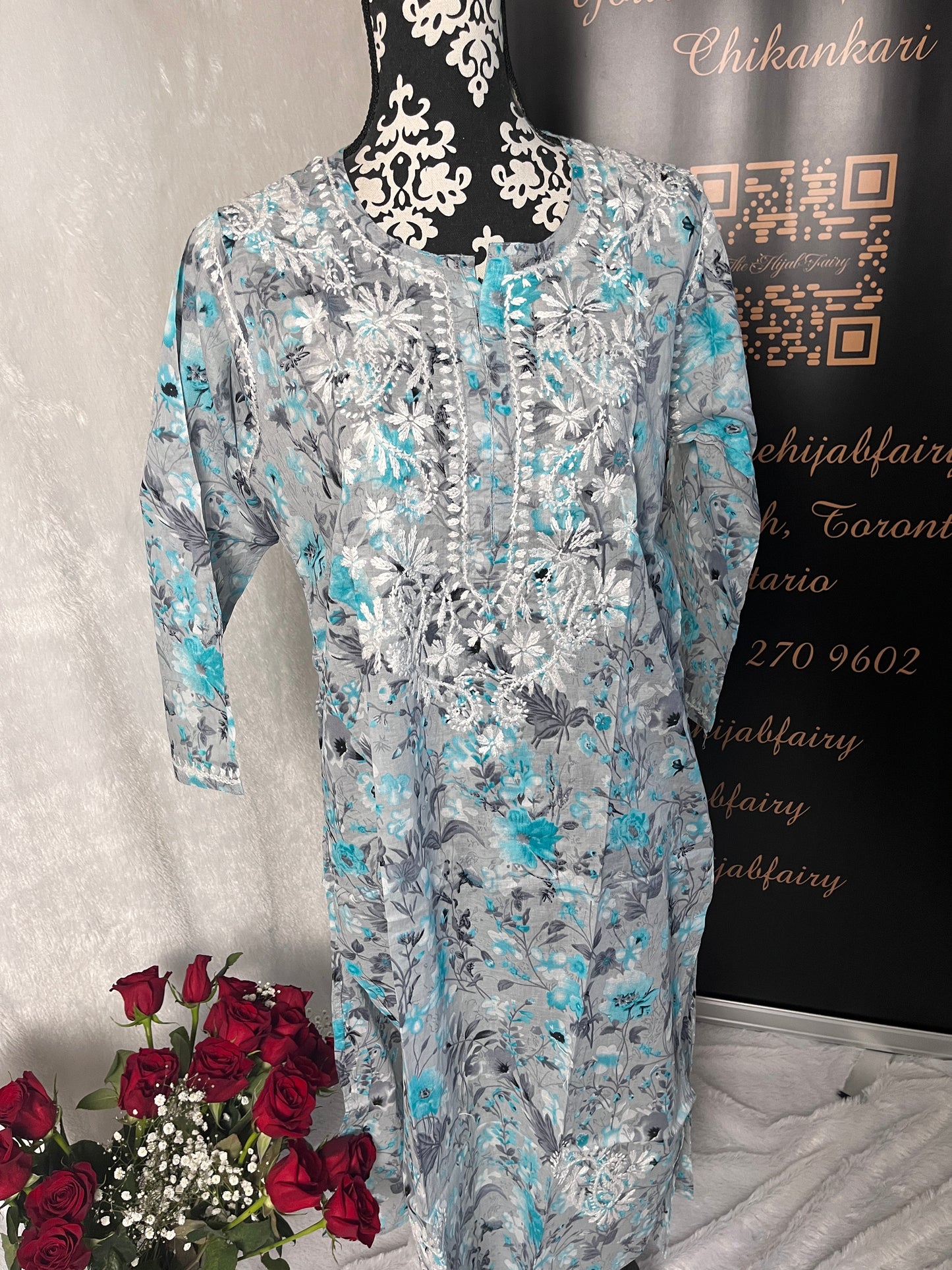 Grey - Mul Printed Kurti - Style 4