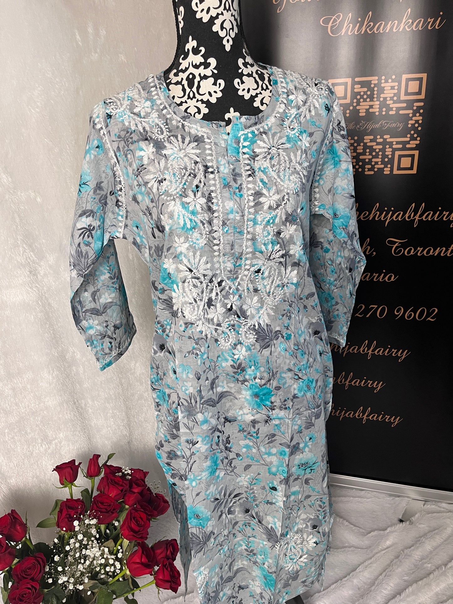 Grey - Mul Printed Kurti - Style 4