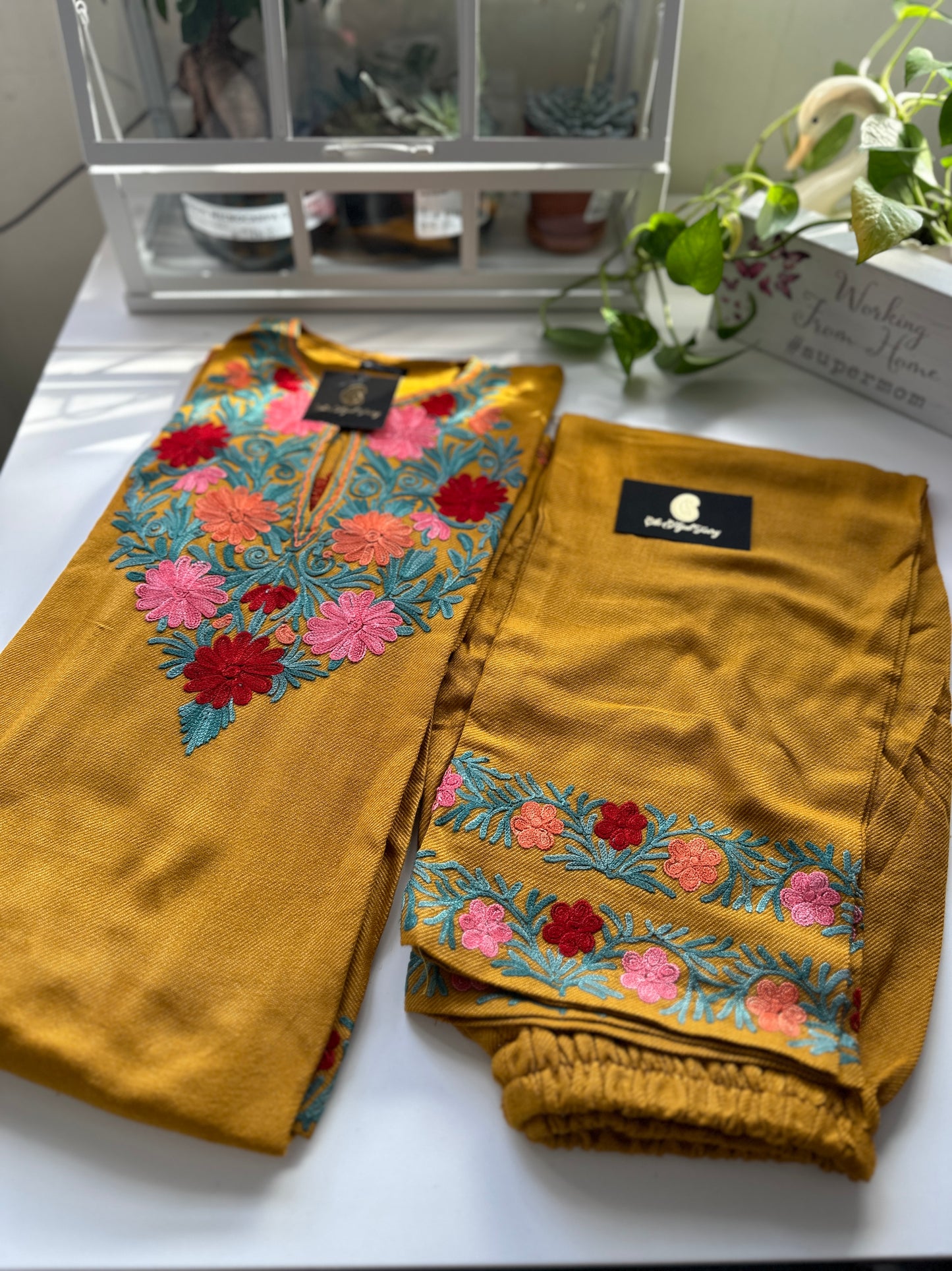 Pashmina Pheran with Pant - Mustard