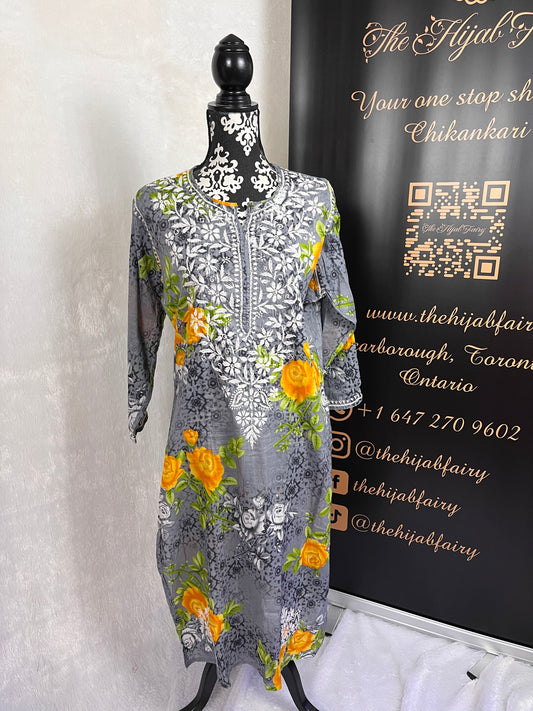 Grey - Mul Printed Kurti - Style 1