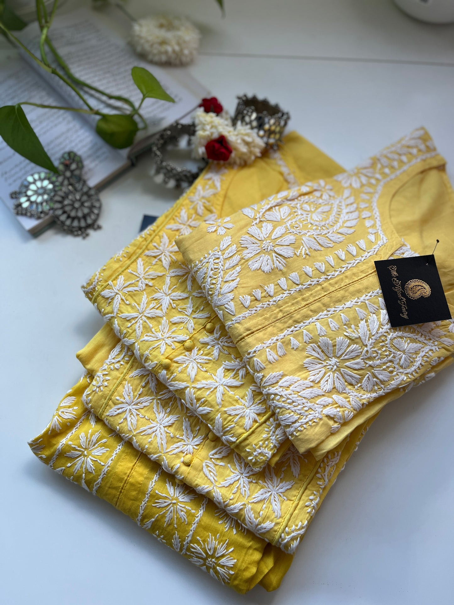 Blanc sur jaune clair - Kurta en coton