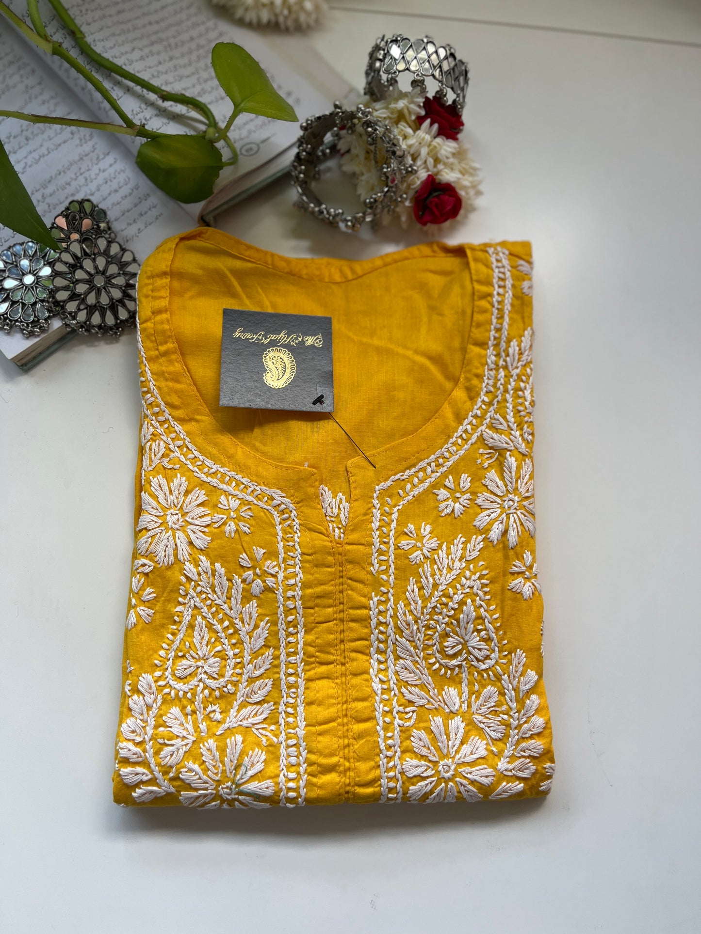 Blanc sur Jaune Mangue - Kurta en Coton