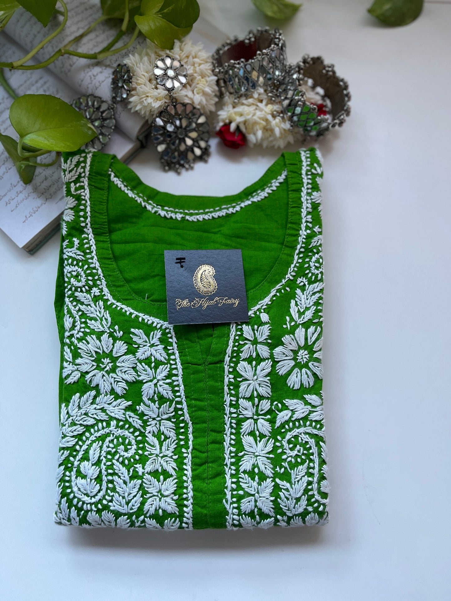 Blanc sur vert Kajol - Kurta en coton