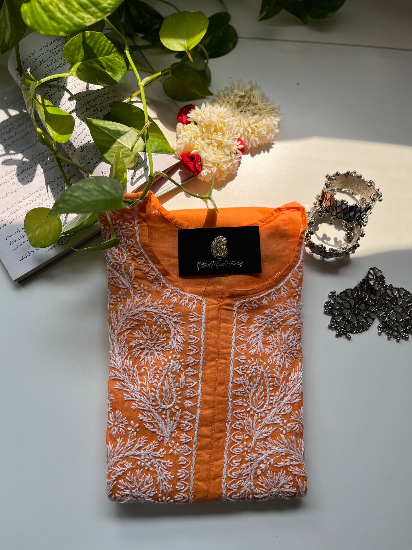 White on Orange - Cotton Kurta