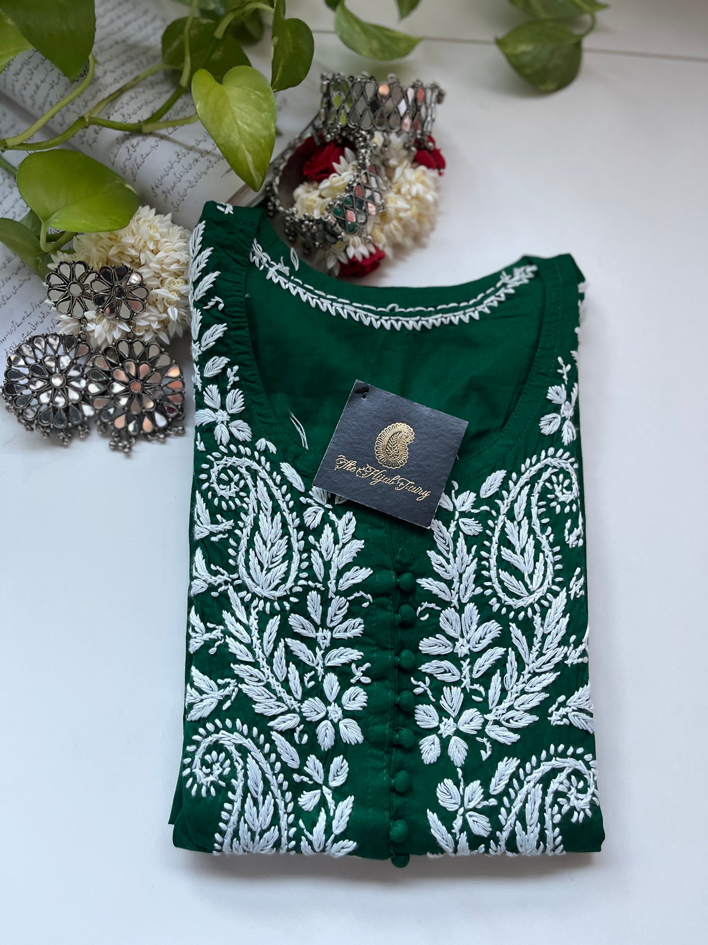 Blanc sur vert foncé - Kurta en coton